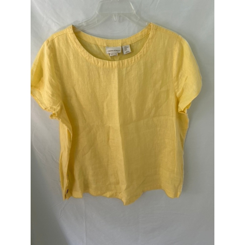 Cynthia Rowley Yellow 100% Linen Short Sleeve Crew Neck Blouse Top Womens XL